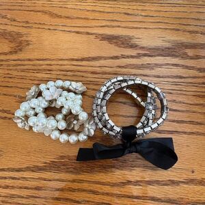 Pearl & Silver Tone Stretch Bracelet Set with Black Ribbon Accent